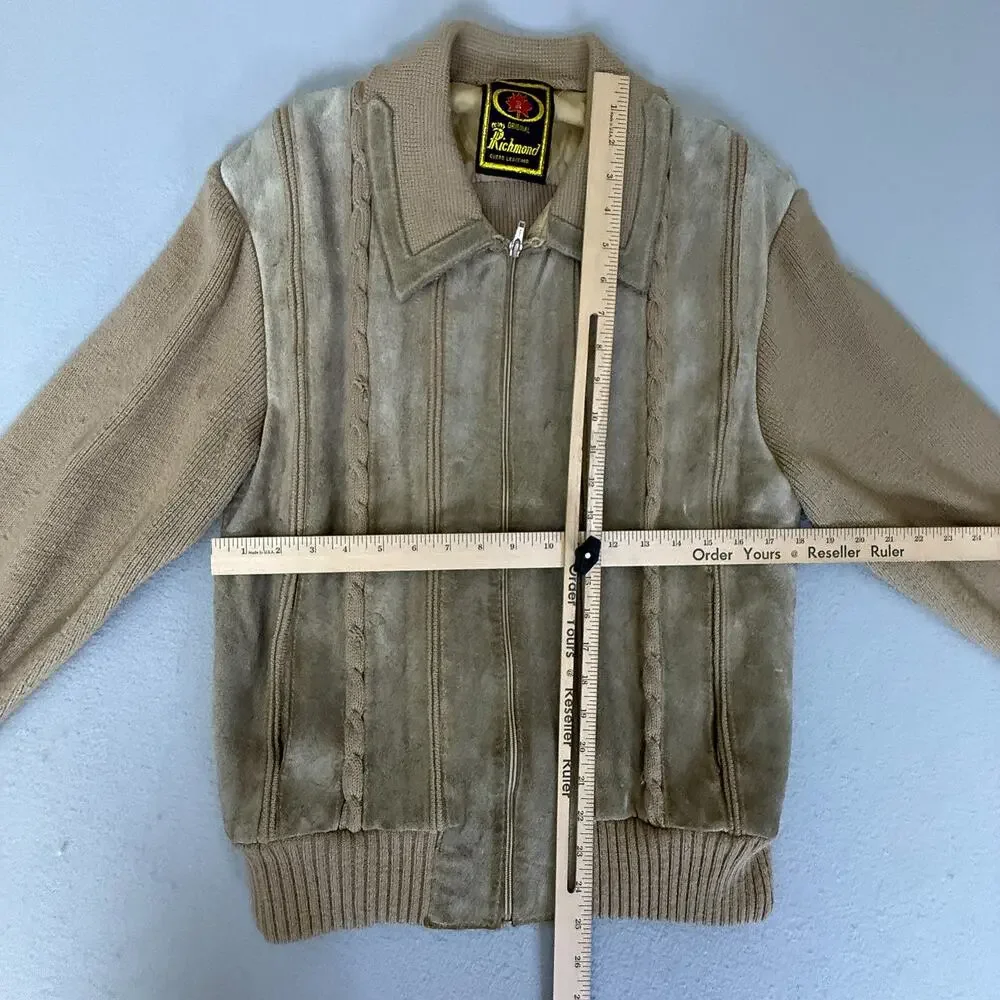 Richmond Men’s L Genuine Leather Front Knit Zip Sweater Jacket Tan Beige